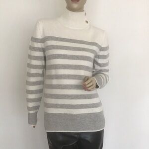 Massimo Dutti Italian Cream Gray Wool Blend Striped Funnel Neck Sweater M